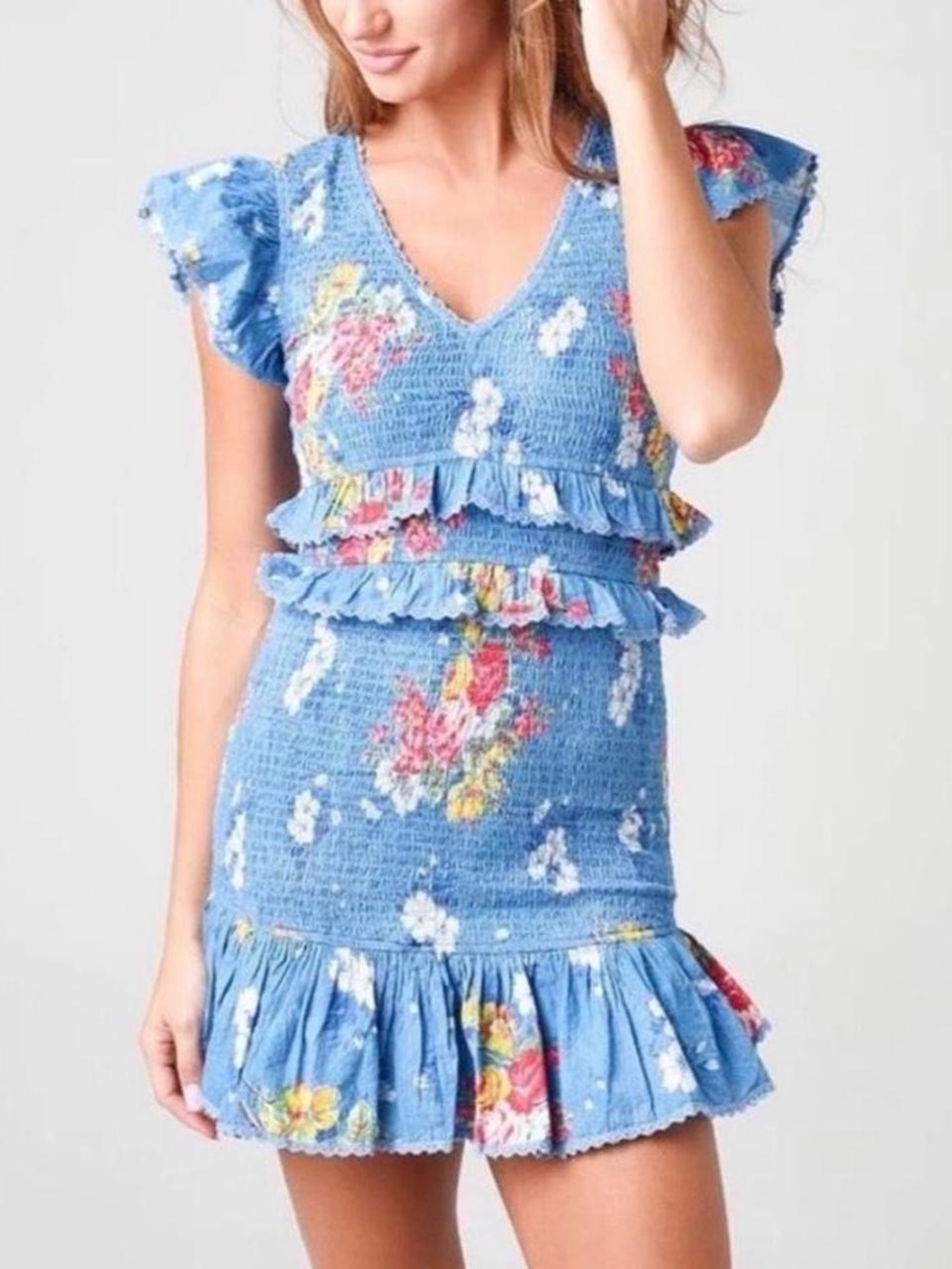 LoveShackFancy Light Blue Floral Ruffled Mini Dress